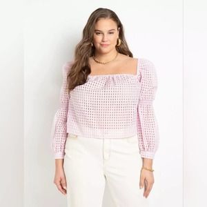 Size 18 Eloquii New square neck puff sleeve lilac pink gingham crop blouse